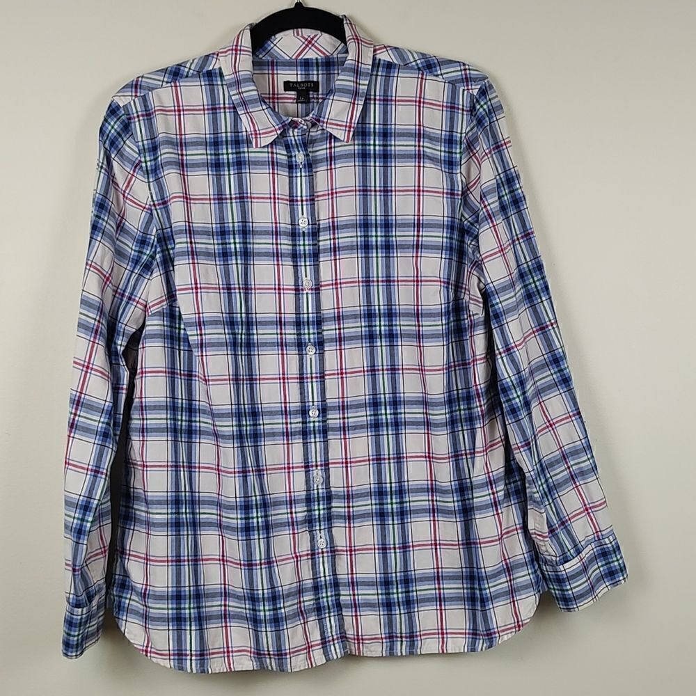 Talbot's Blue Plaid Button Front Shirt Long Sleeve Top Metallic Stripe Size LP